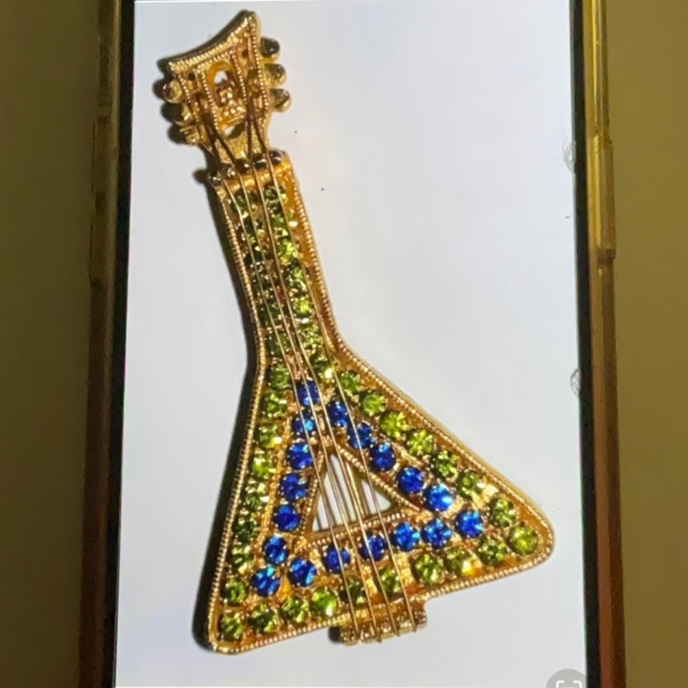 ⚫️Balalaika, Stringed Musical Instrument Pin Blue & Green Crystal Gold Tone